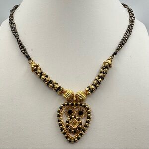 Vintage Gold Tone Black Beaded Necklace Filigree Heart Pendant